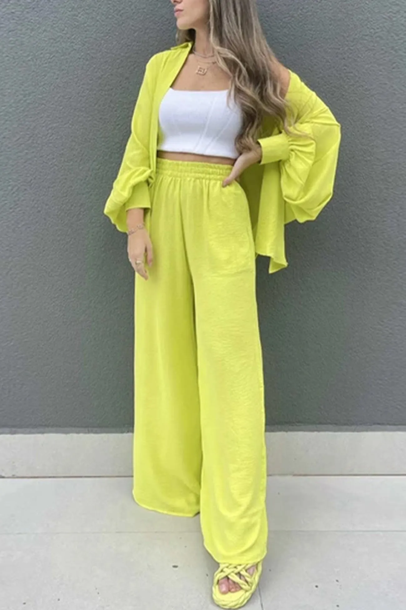 Single-breasted Lantern Sleeve Shirt Long Pants Set