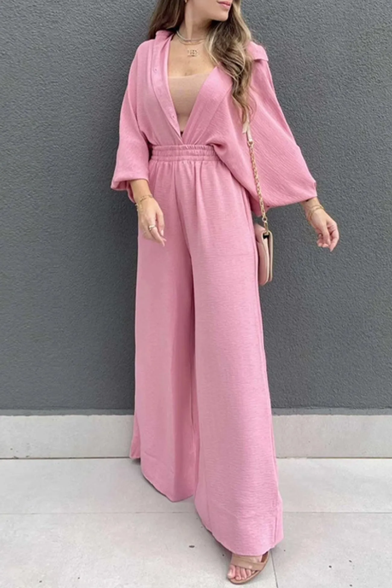 Single-breasted Lantern Sleeve Shirt Long Pants Set