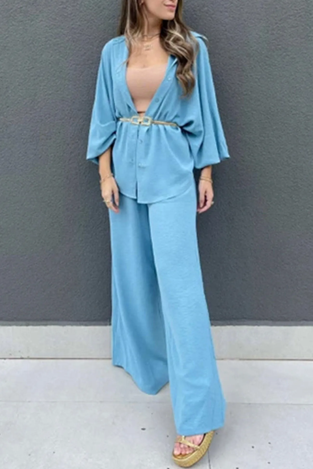 Single-breasted Lantern Sleeve Shirt Long Pants Set