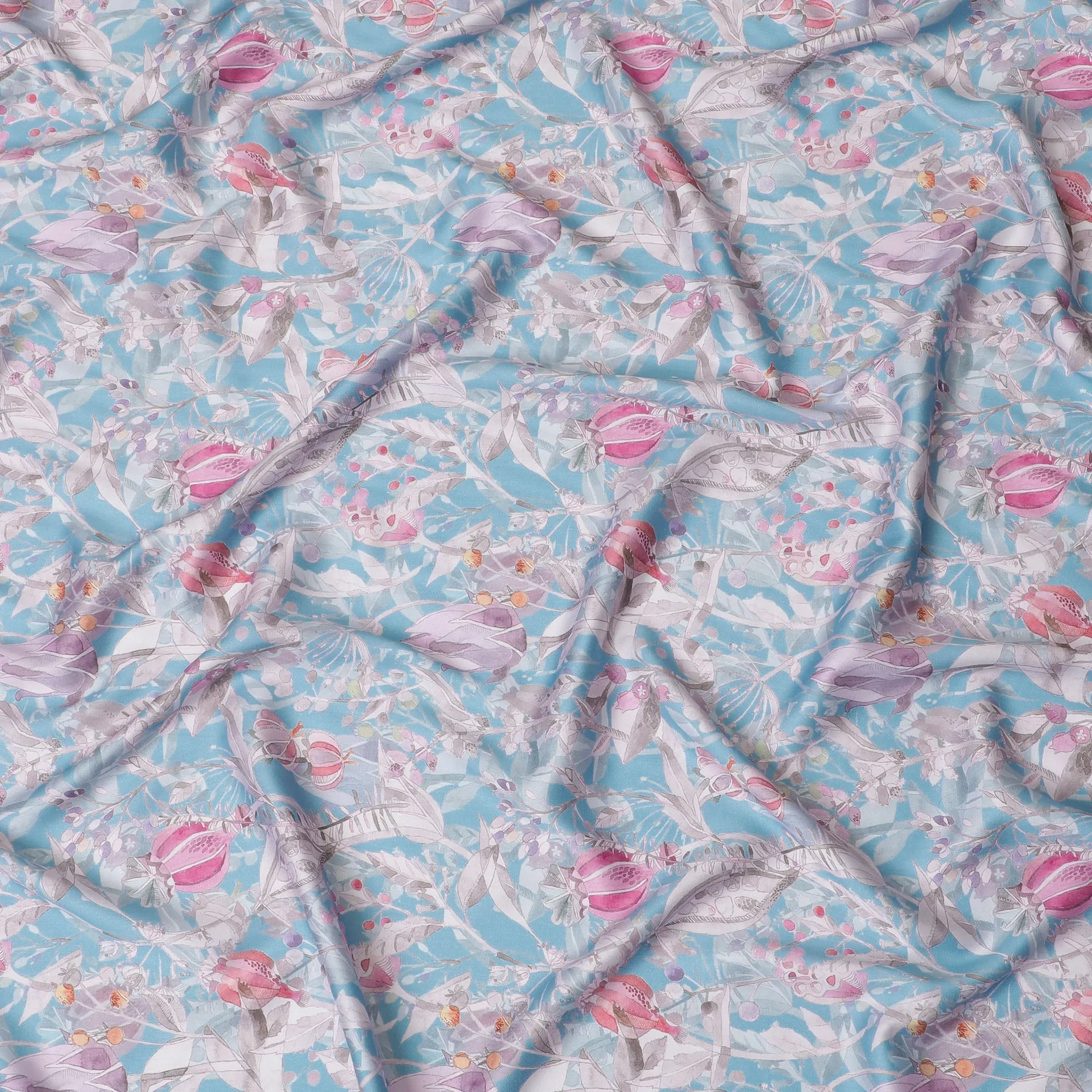 Sky Blue with Pink Floral Cotton Satin Fabric, 110 cm Width-20061