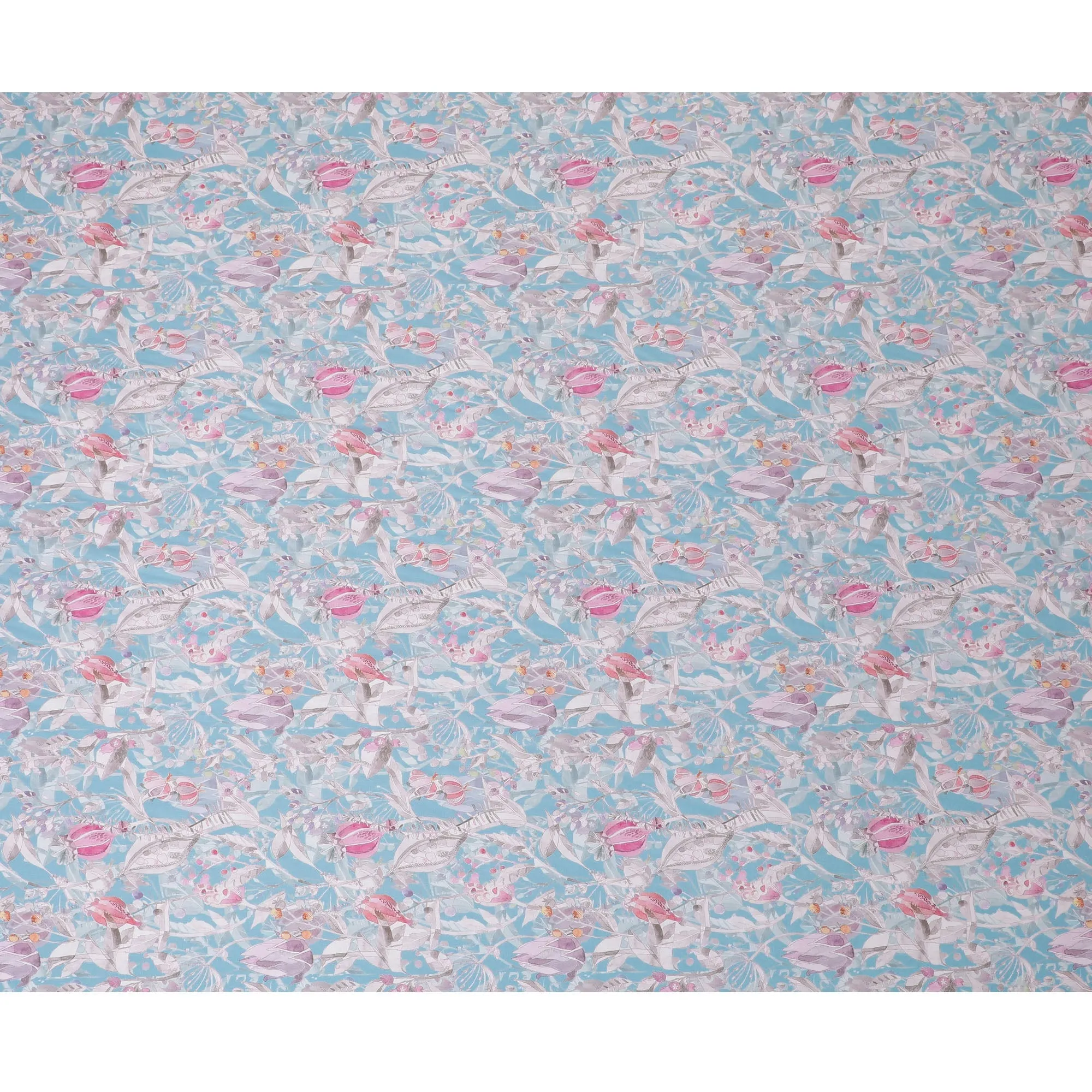 Sky Blue with Pink Floral Cotton Satin Fabric, 110 cm Width-20061