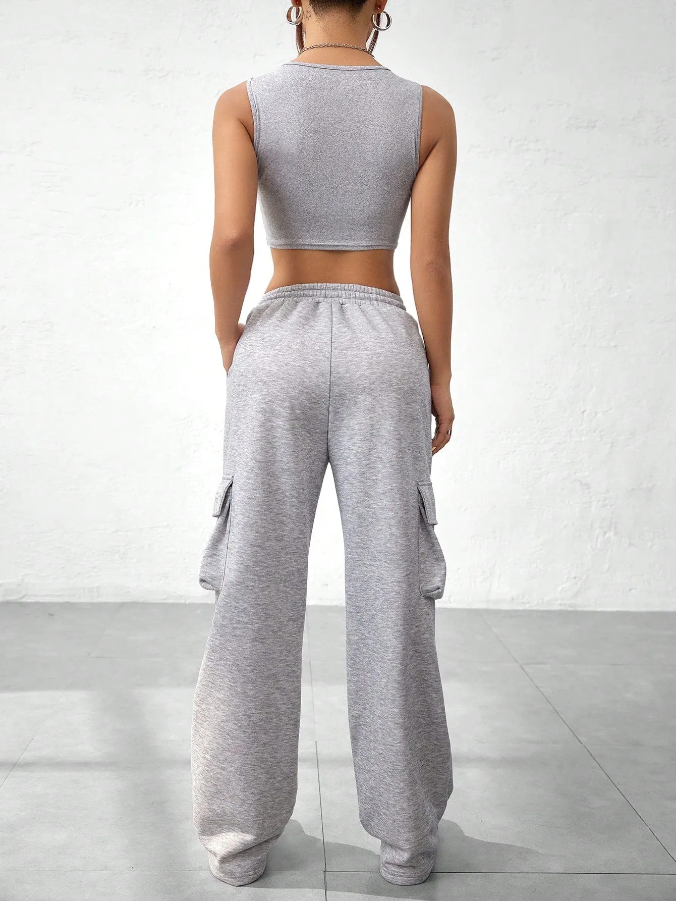 Solid Color Asymmetrical Hem Vest And Overalls Set SS24