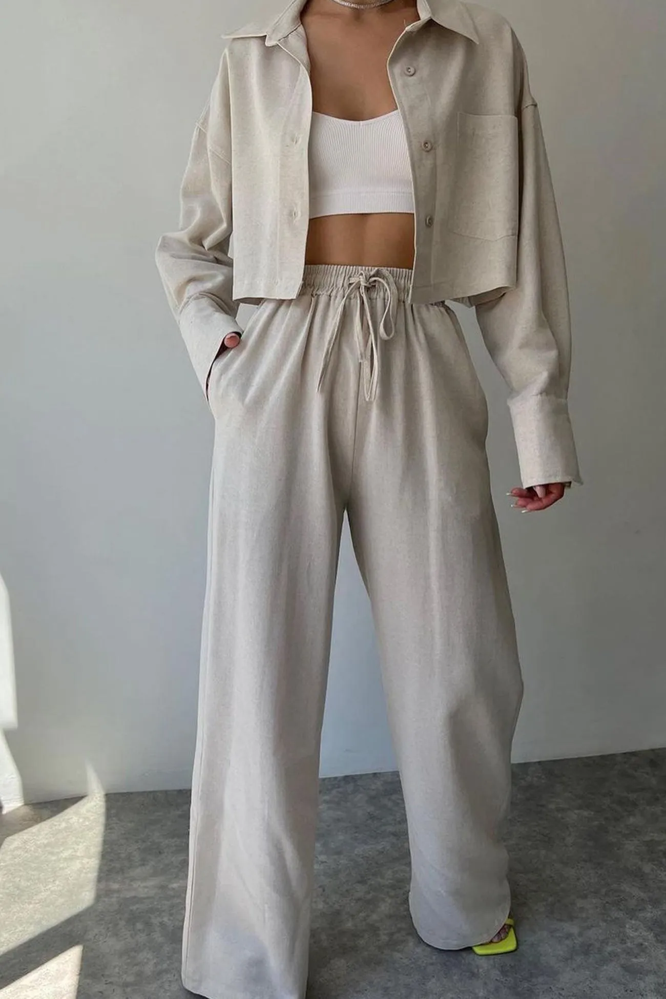 Solid Long Sleeve Shirt Crop Top Long Pants Suits