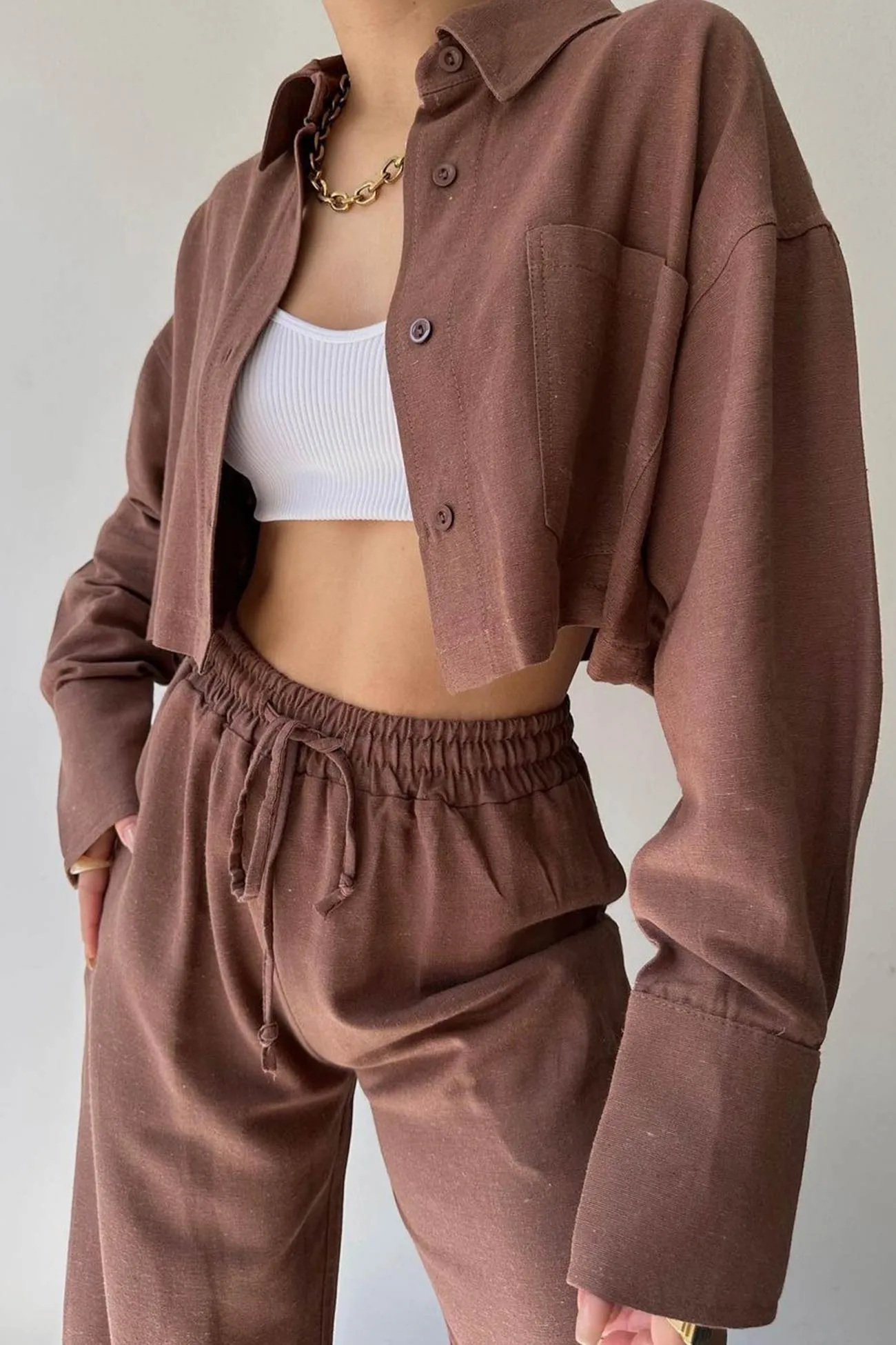 Solid Long Sleeve Shirt Crop Top Long Pants Suits