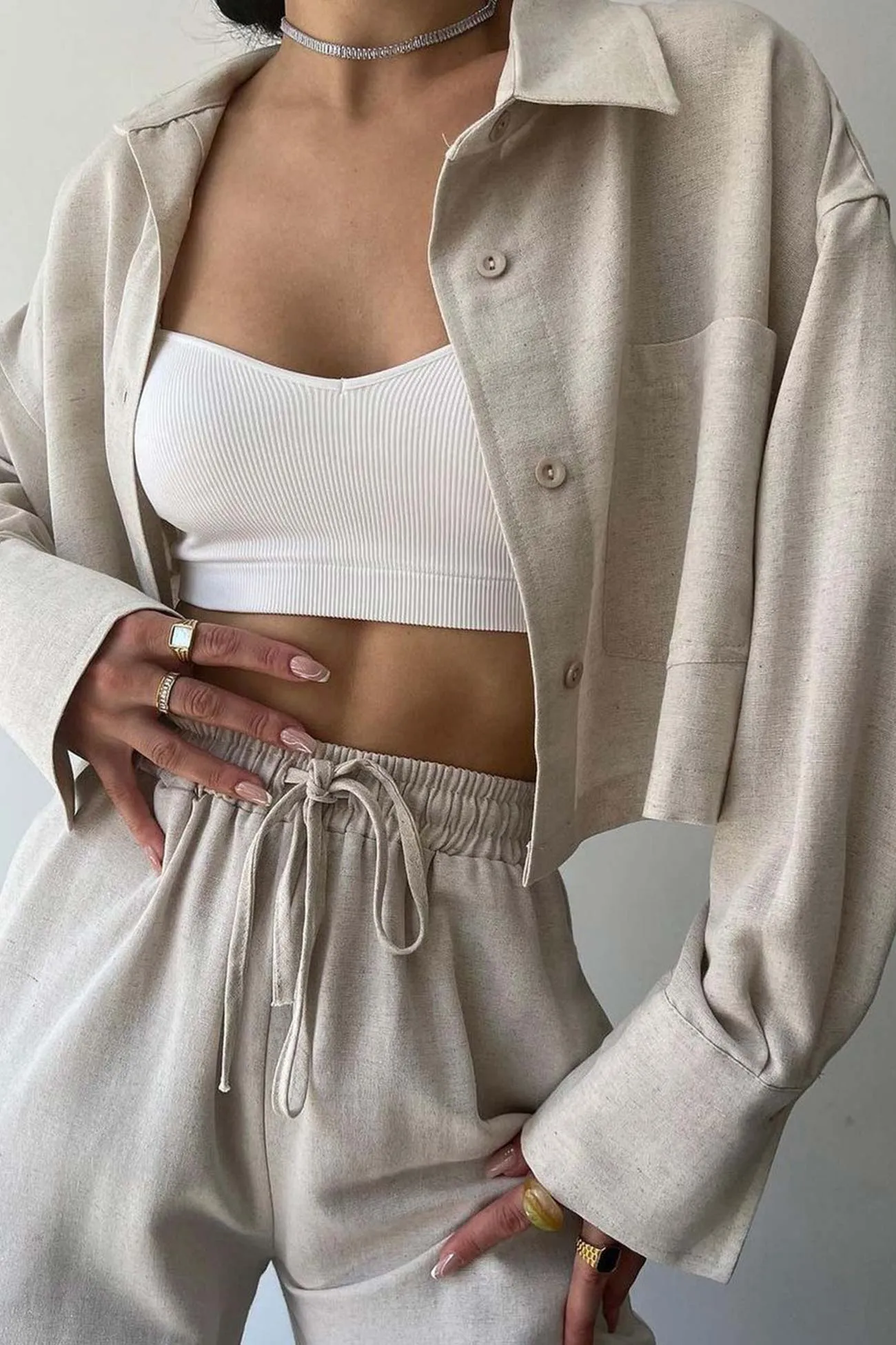 Solid Long Sleeve Shirt Crop Top Long Pants Suits