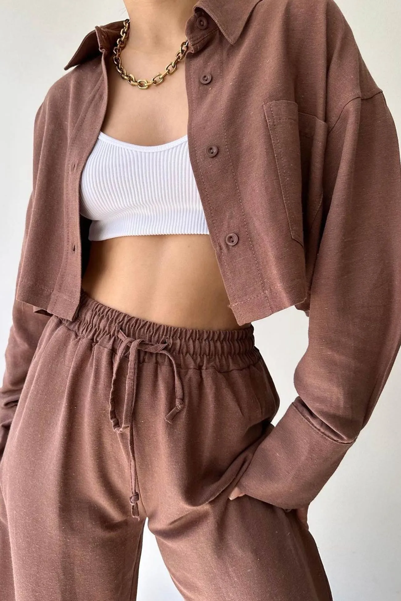 Solid Long Sleeve Shirt Crop Top Long Pants Suits