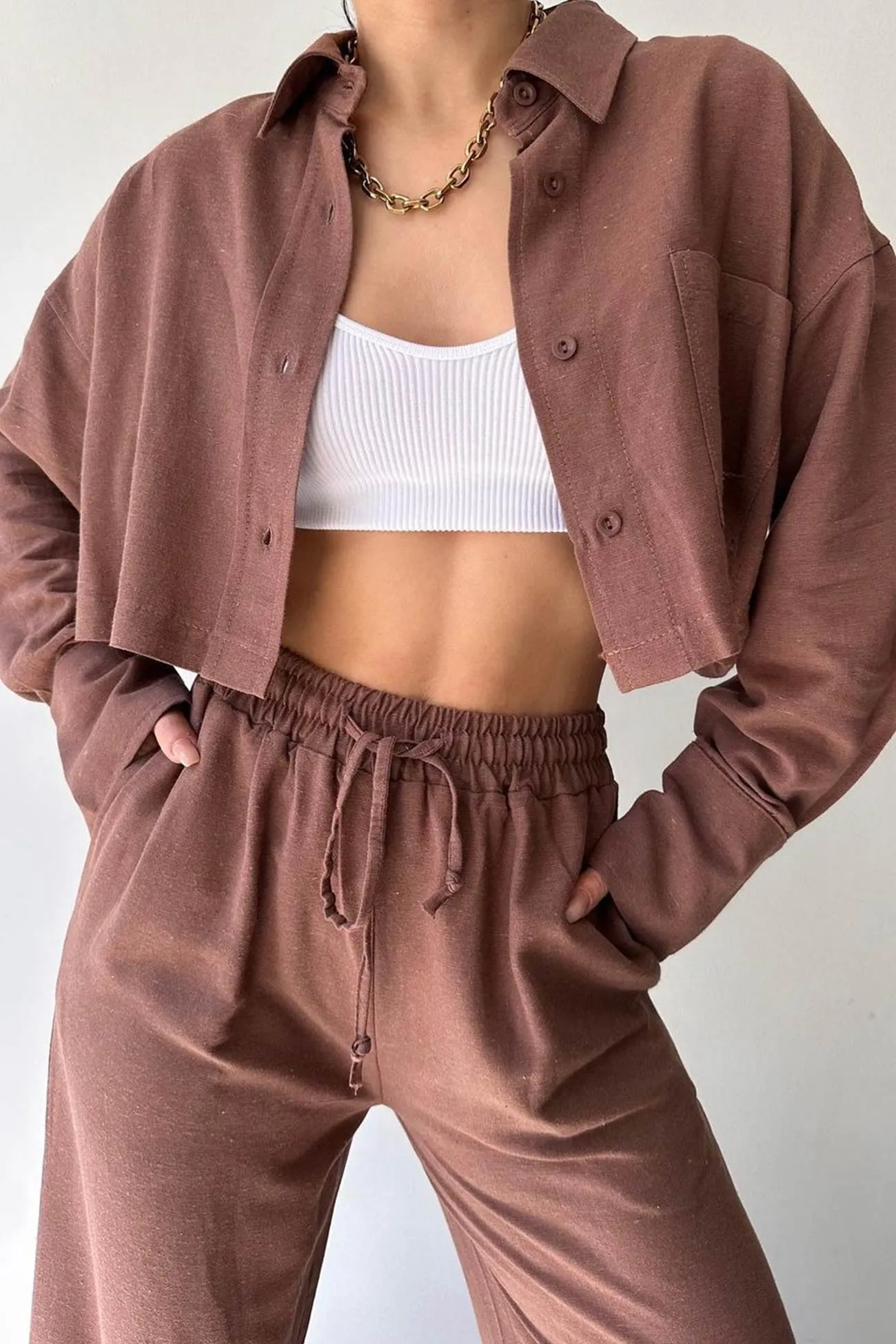 Solid Long Sleeve Shirt Crop Top Long Pants Suits