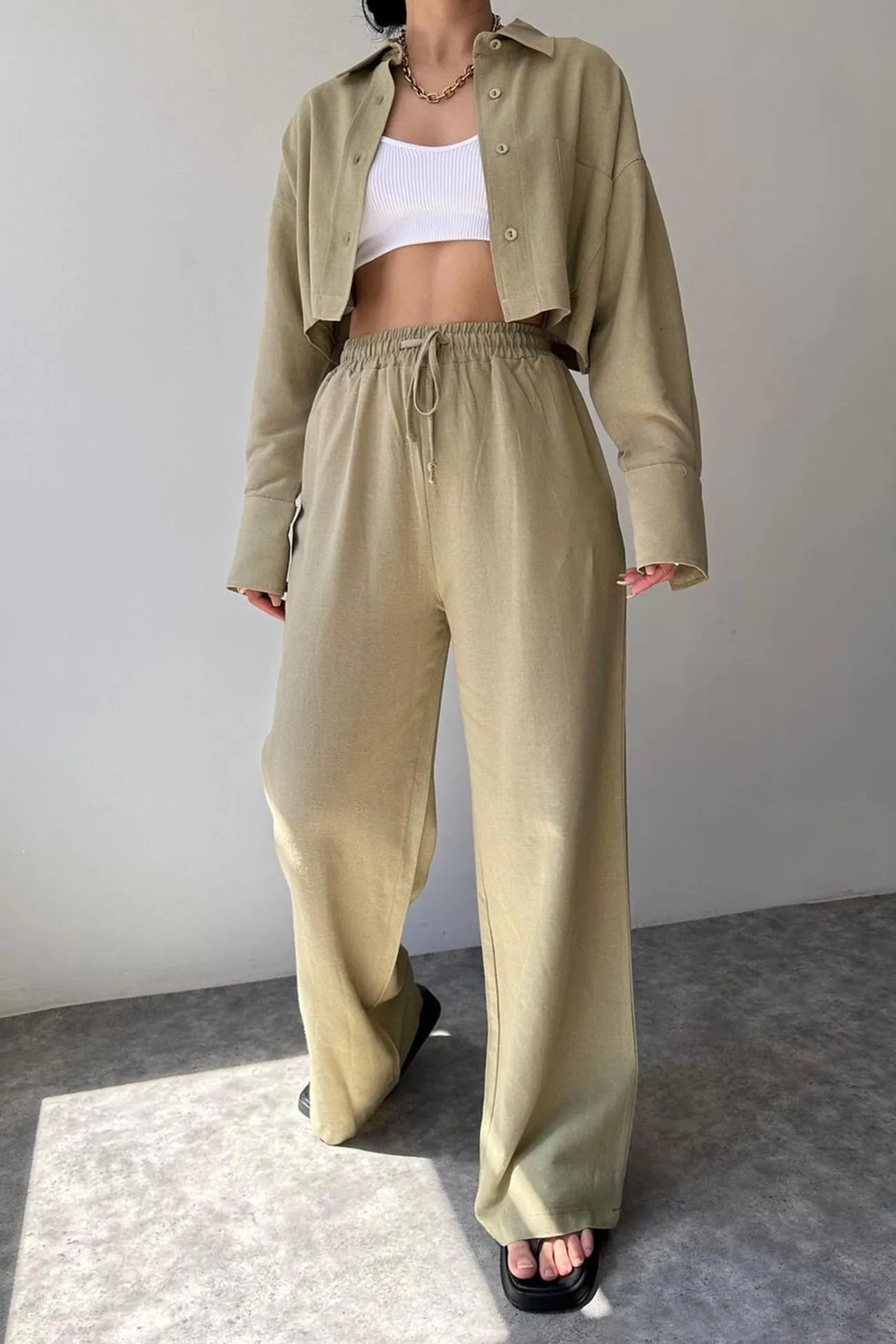 Solid Long Sleeve Shirt Crop Top Long Pants Suits