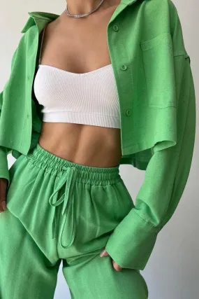 Solid Long Sleeve Shirt Crop Top Long Pants Suits