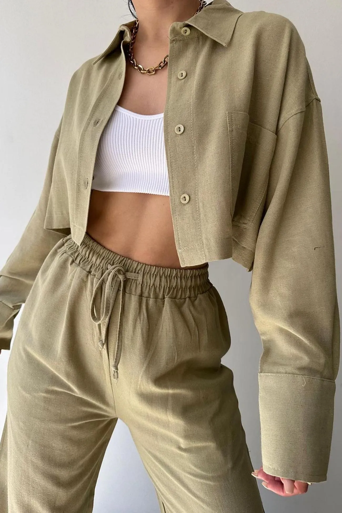 Solid Long Sleeve Shirt Crop Top Long Pants Suits