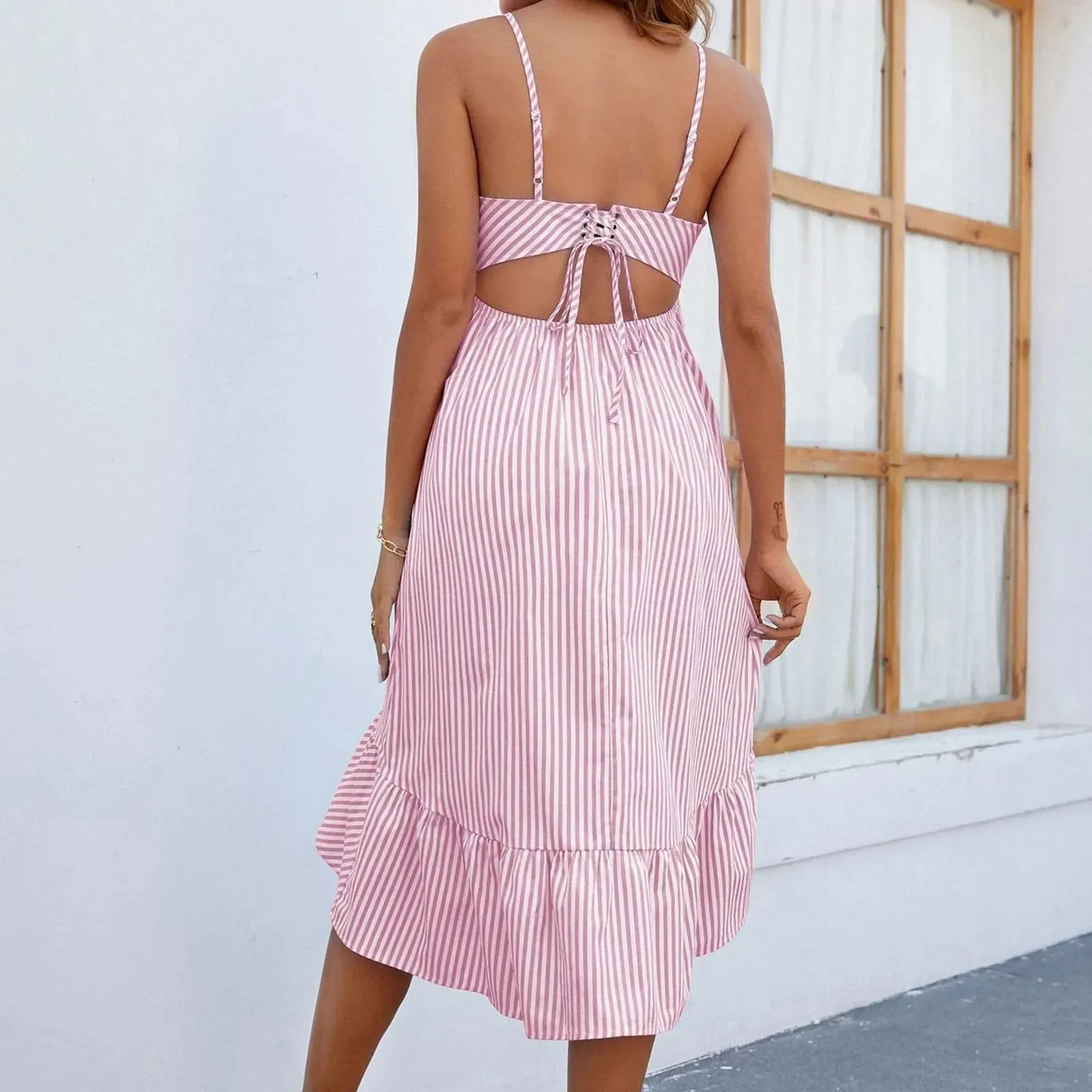 Strap Sleeveless A-Line Stripe Ruffles Casual Fashion Boho Summer Midi Spaghetti Dress