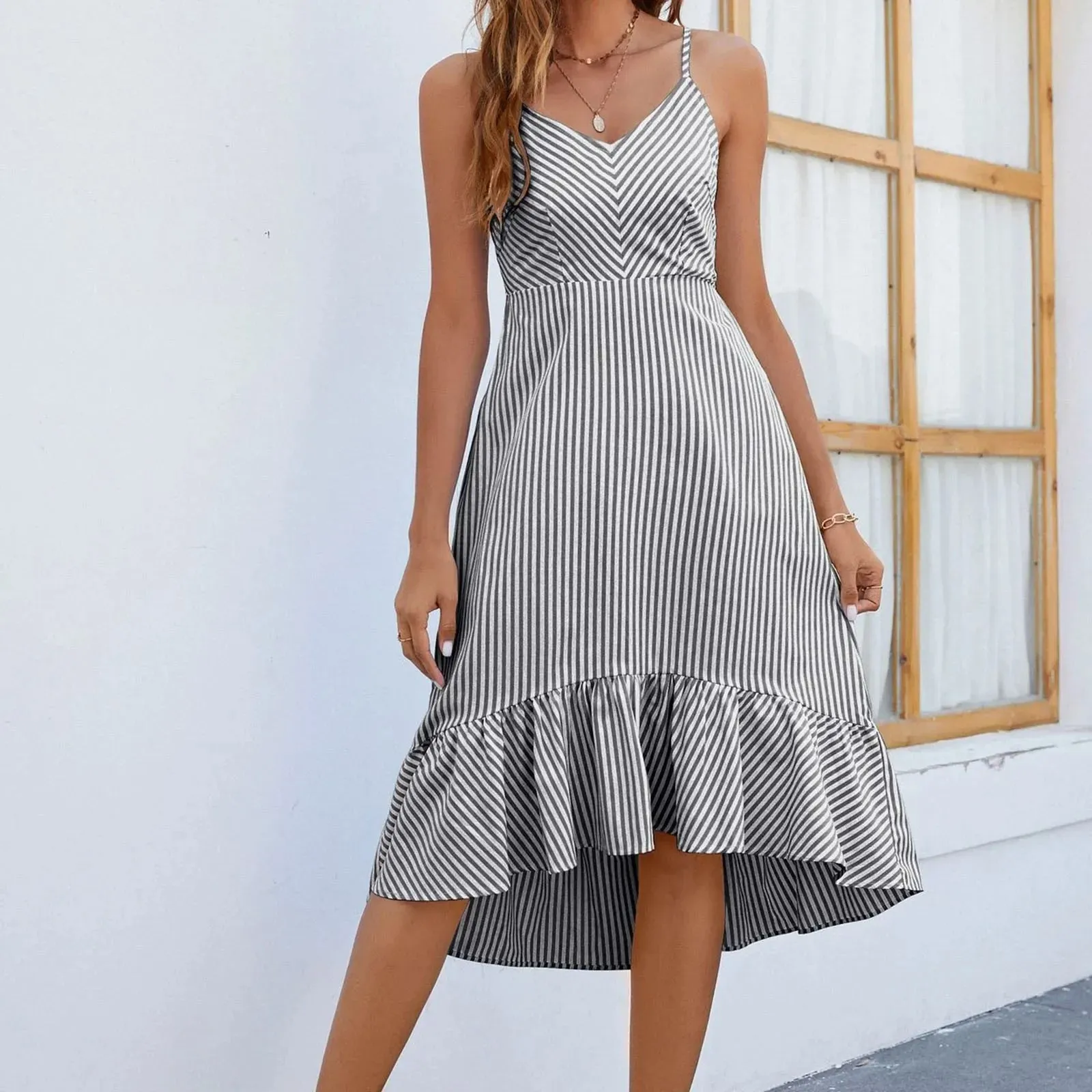 Strap Sleeveless A-Line Stripe Ruffles Casual Fashion Boho Summer Midi Spaghetti Dress