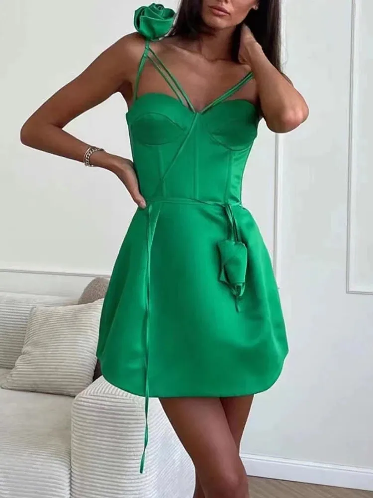 Streetwear Solid Mini Dresses For Women Camisole Sleeveless Splice Appliques Gathered Waist Dresses Female Clothing Summer