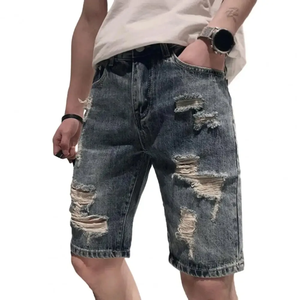 Summer Ripped Holes Denim Shorts Mid-rise Pockets Zipper Button Fly Straight Leg Knee Length Men Short Jeans Streetwear