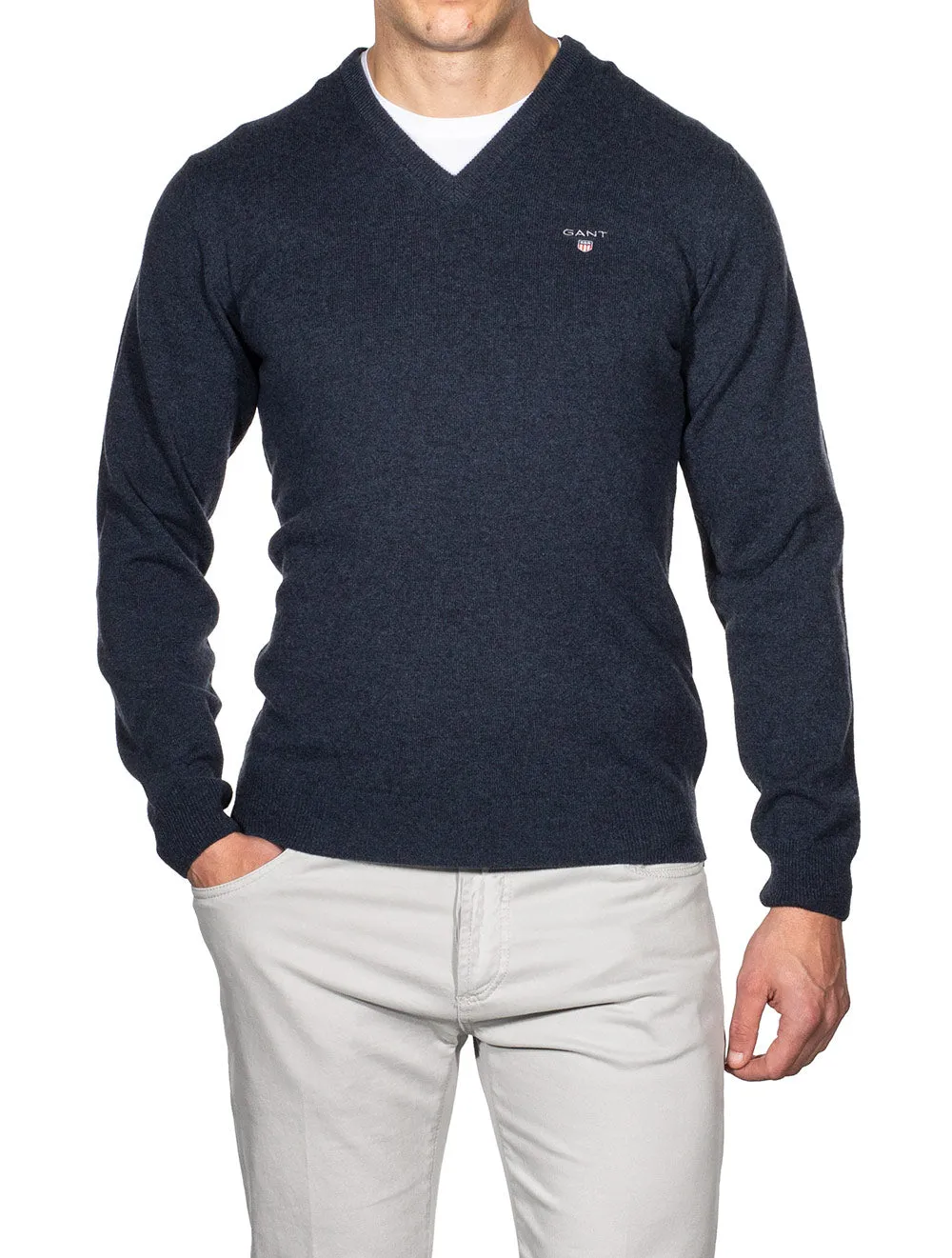 Super Fine Lambswool V-Neck Sweater Dark Navy Melange