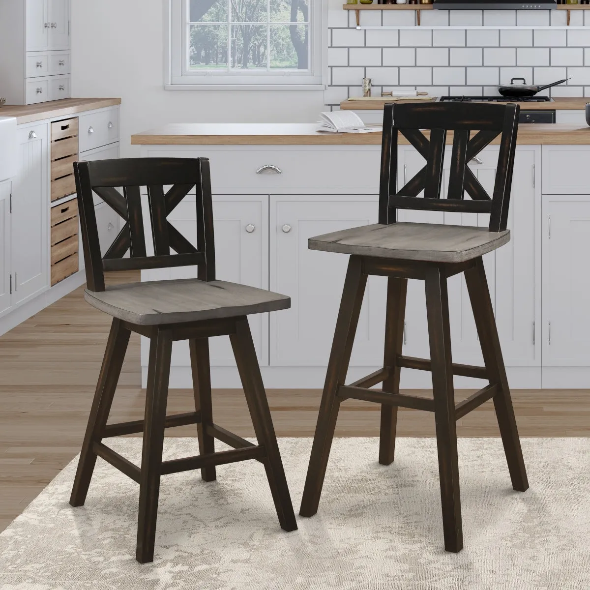 Swivel Counter Height Chair - Distressed Gray & Black, Solid Rubber Wood - Set of 2