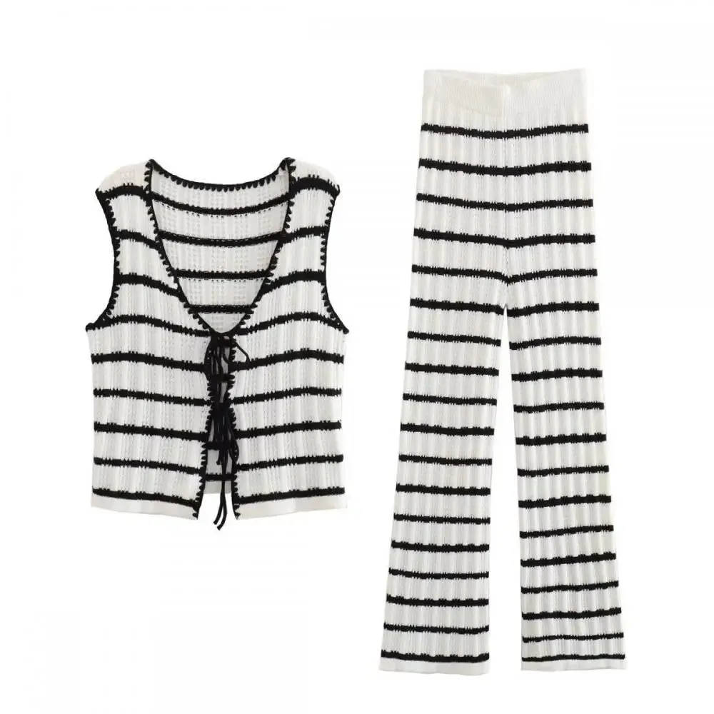 TAVIMART  -  Women Fashion Knitted Striped Waistcoat Pants Set V Neck Front Tie Sleeveless Vest Tank Tops Elastic Waist Trousers Streetwear