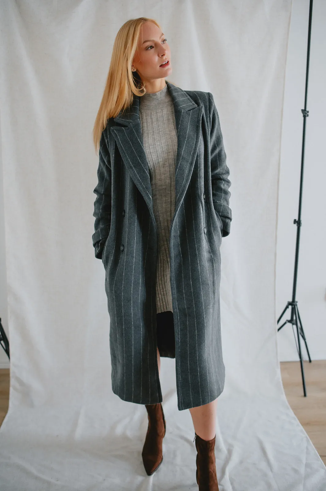 The Deria Coat - Grey Pinstripe