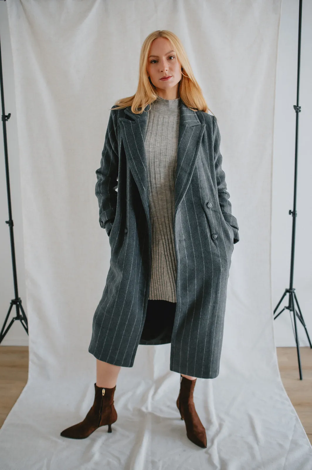 The Deria Coat - Grey Pinstripe