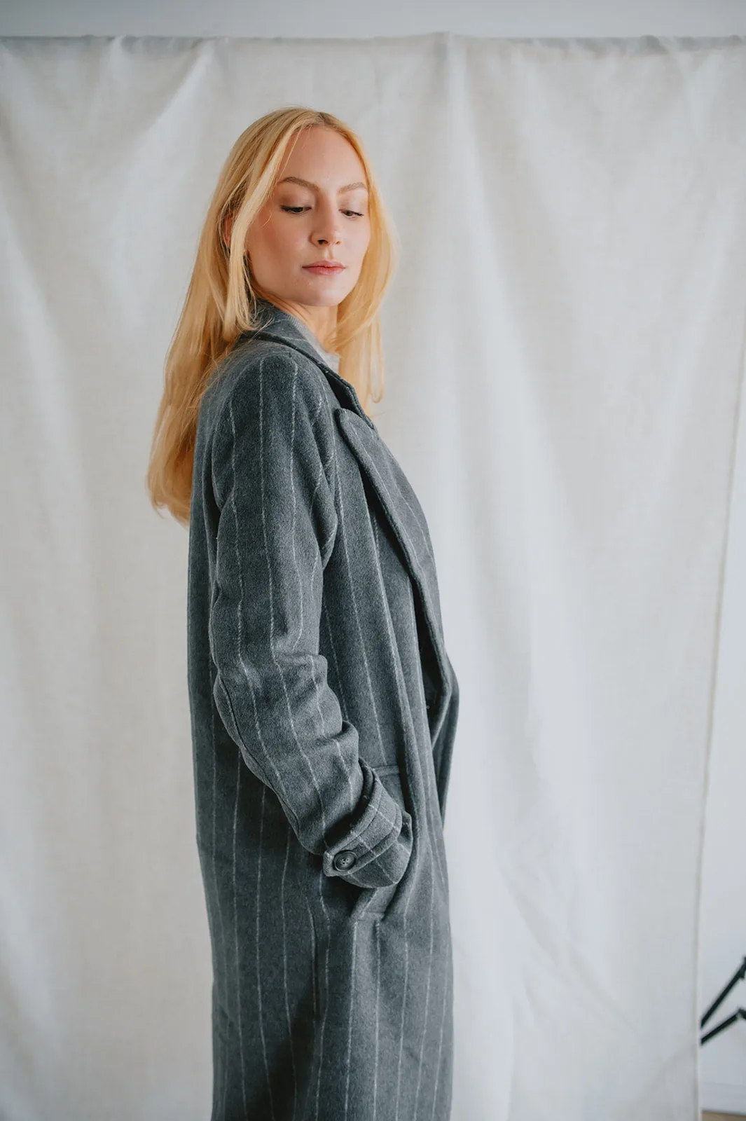 The Deria Coat - Grey Pinstripe