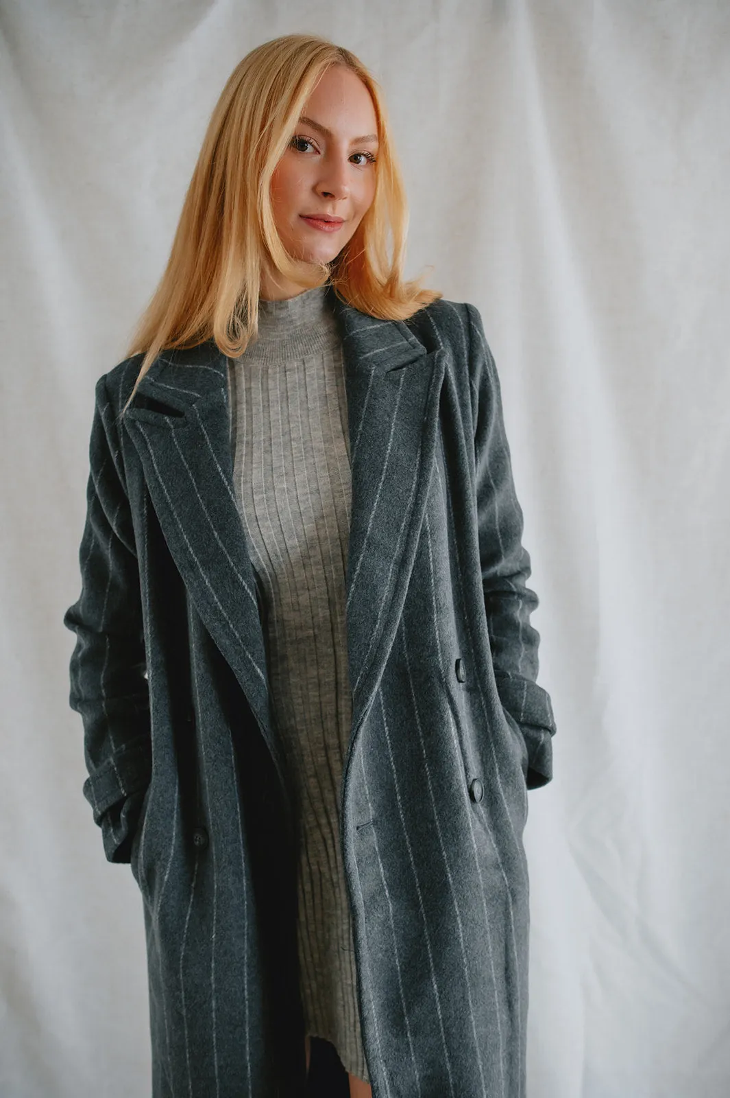 The Deria Coat - Grey Pinstripe