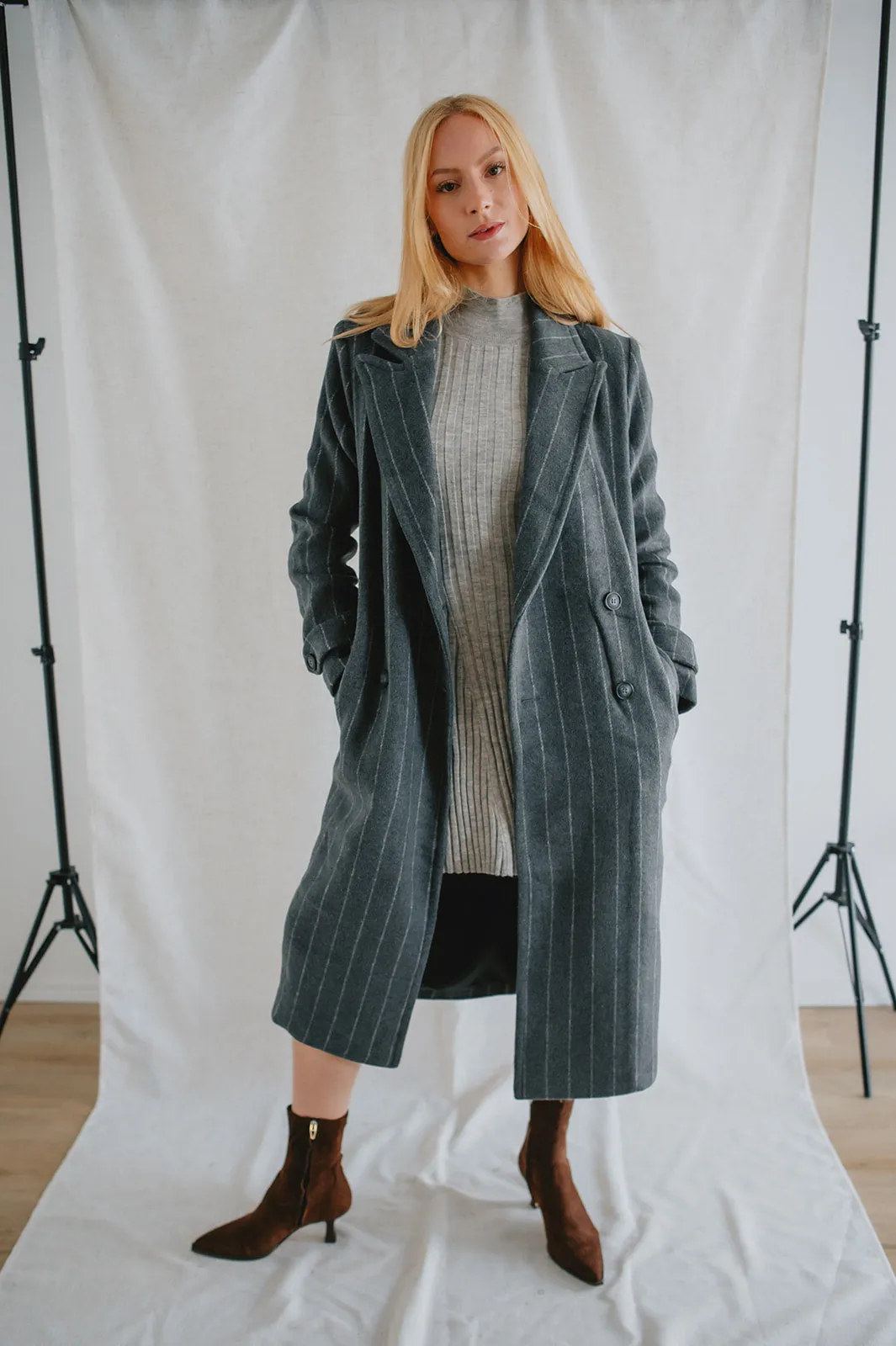 The Deria Coat - Grey Pinstripe