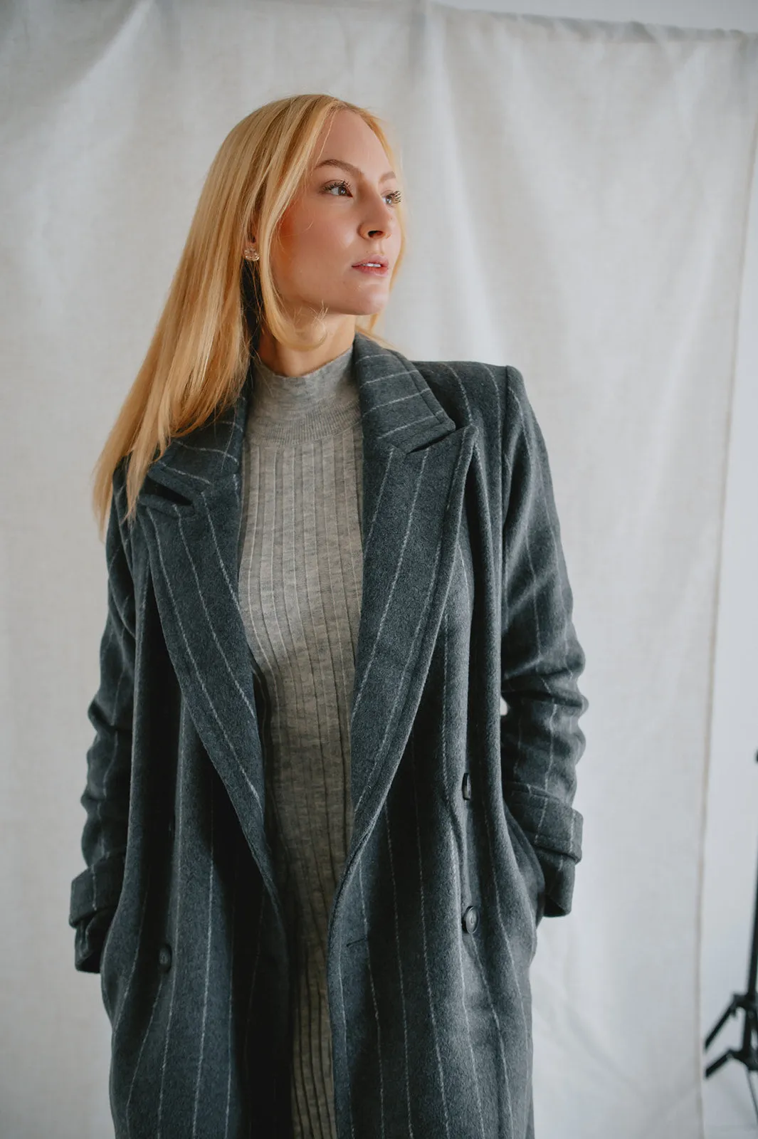 The Deria Coat - Grey Pinstripe