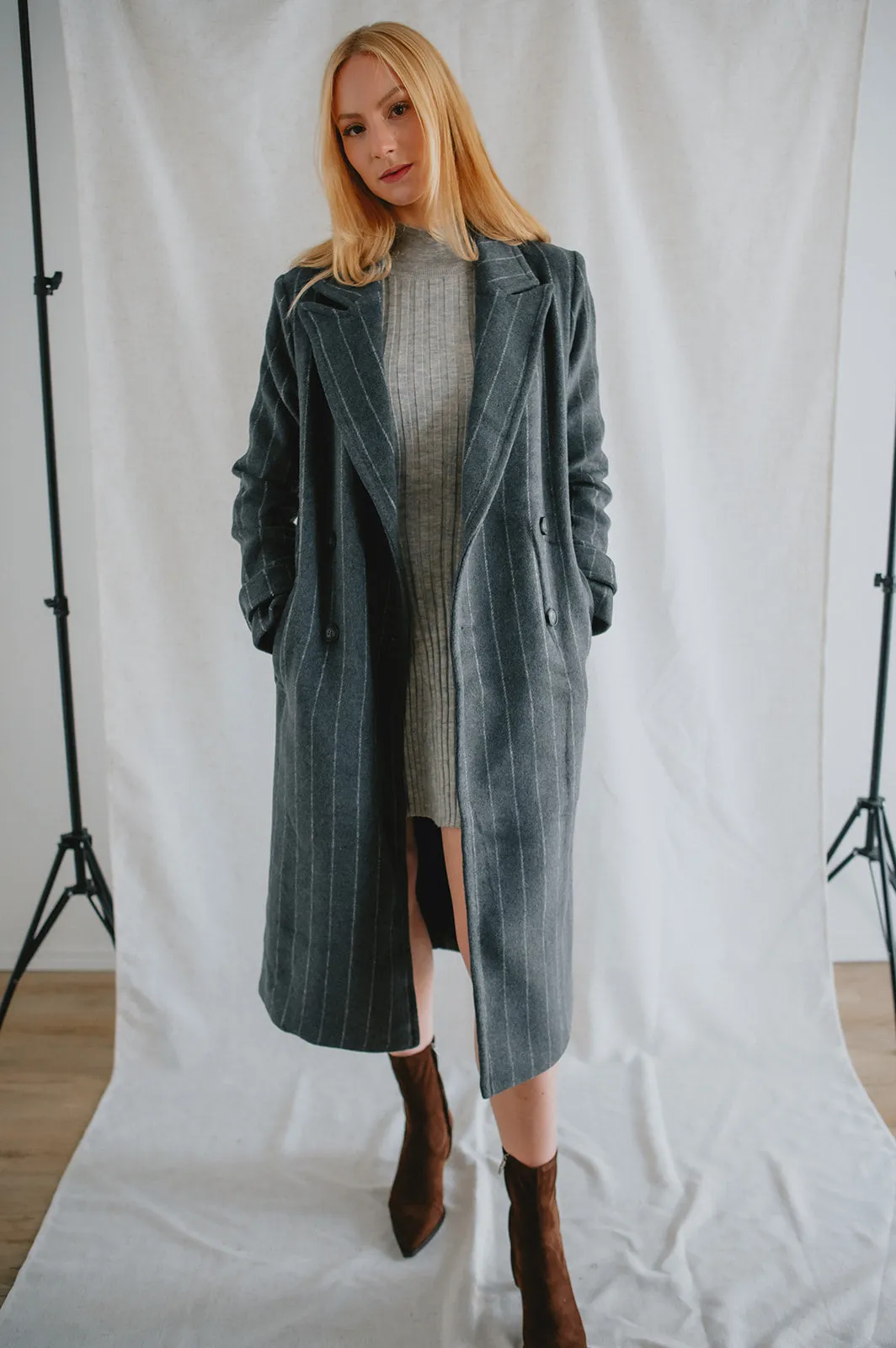 The Deria Coat - Grey Pinstripe