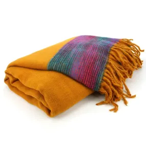 Tibetan Wool Blend Shawl Blanket - Mustard with Nebula Purple Reverse