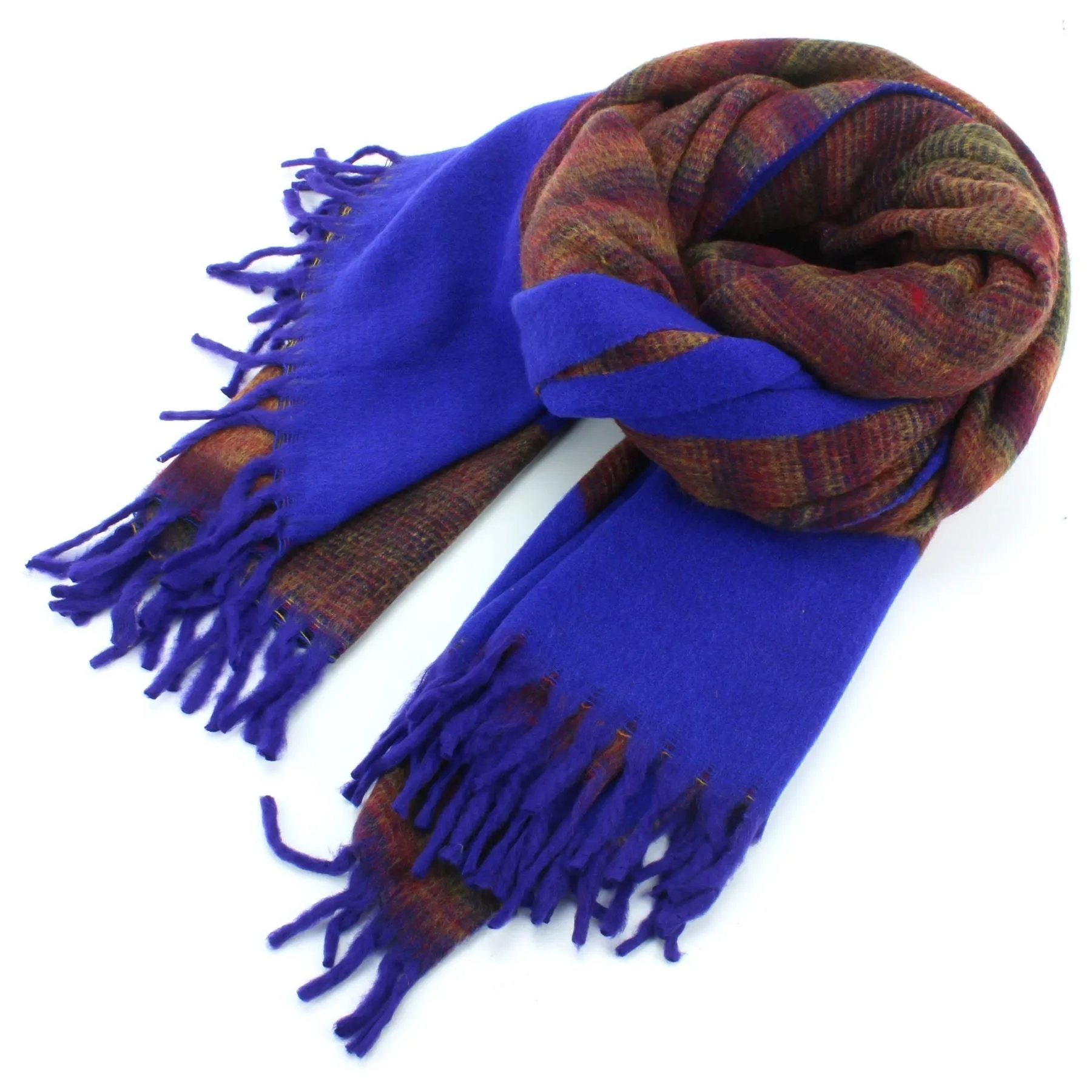 Tibetan Wool Blend Shawl Blanket - Royal Blue with Sunset Reverse