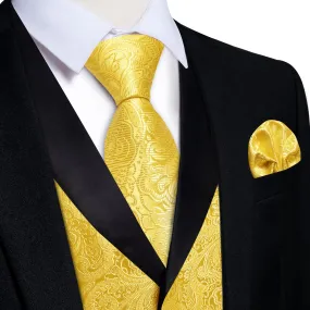 Ties2you Dress Vest Bright Yellow Floral Shawl Collar Silk Mens Waistcoat Tie Set