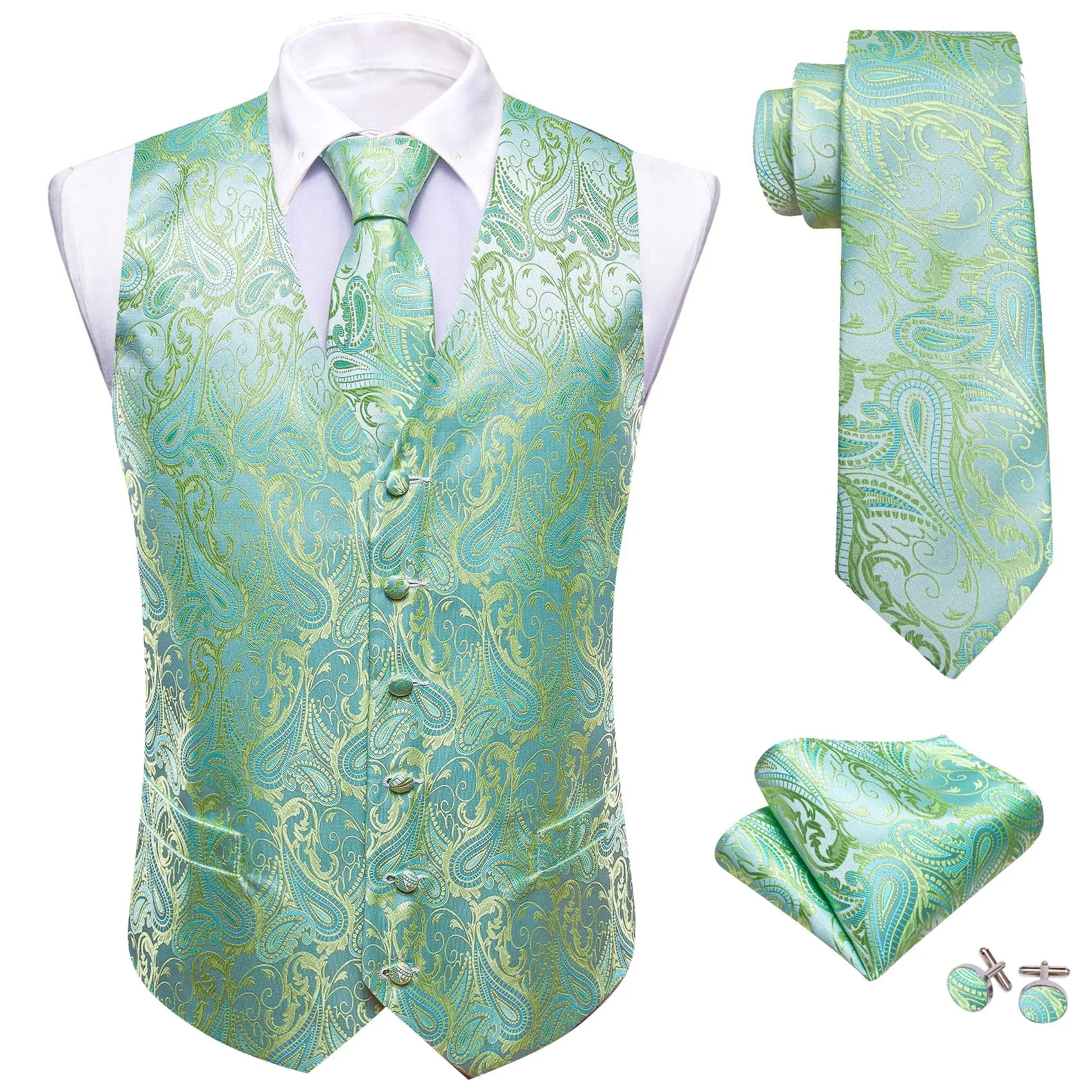 Ties2you Men's Vest Light Green Paisley Silk Classic Vest Hanky Cufflinks Tie Set