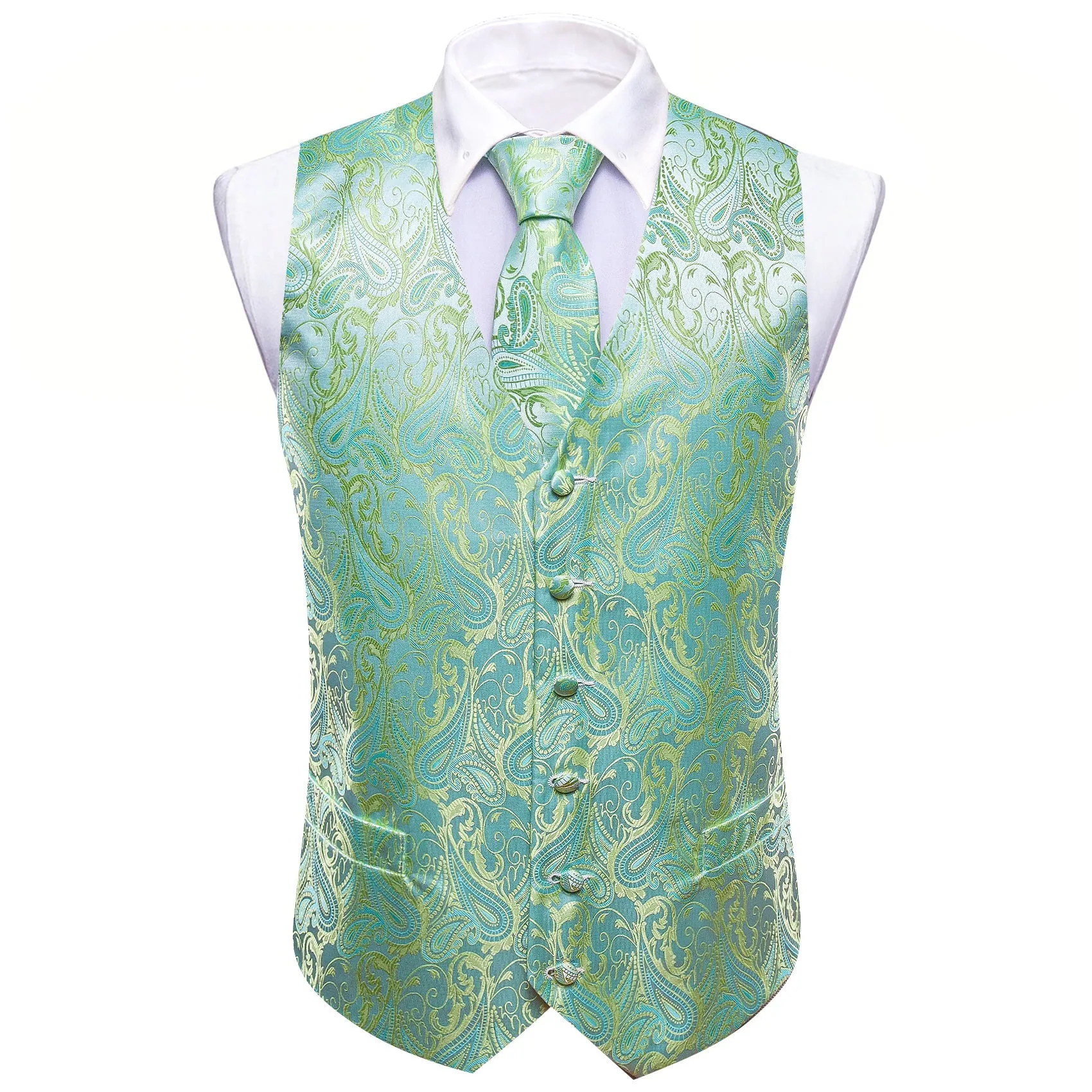 Ties2you Men's Vest Light Green Paisley Silk Classic Vest Hanky Cufflinks Tie Set