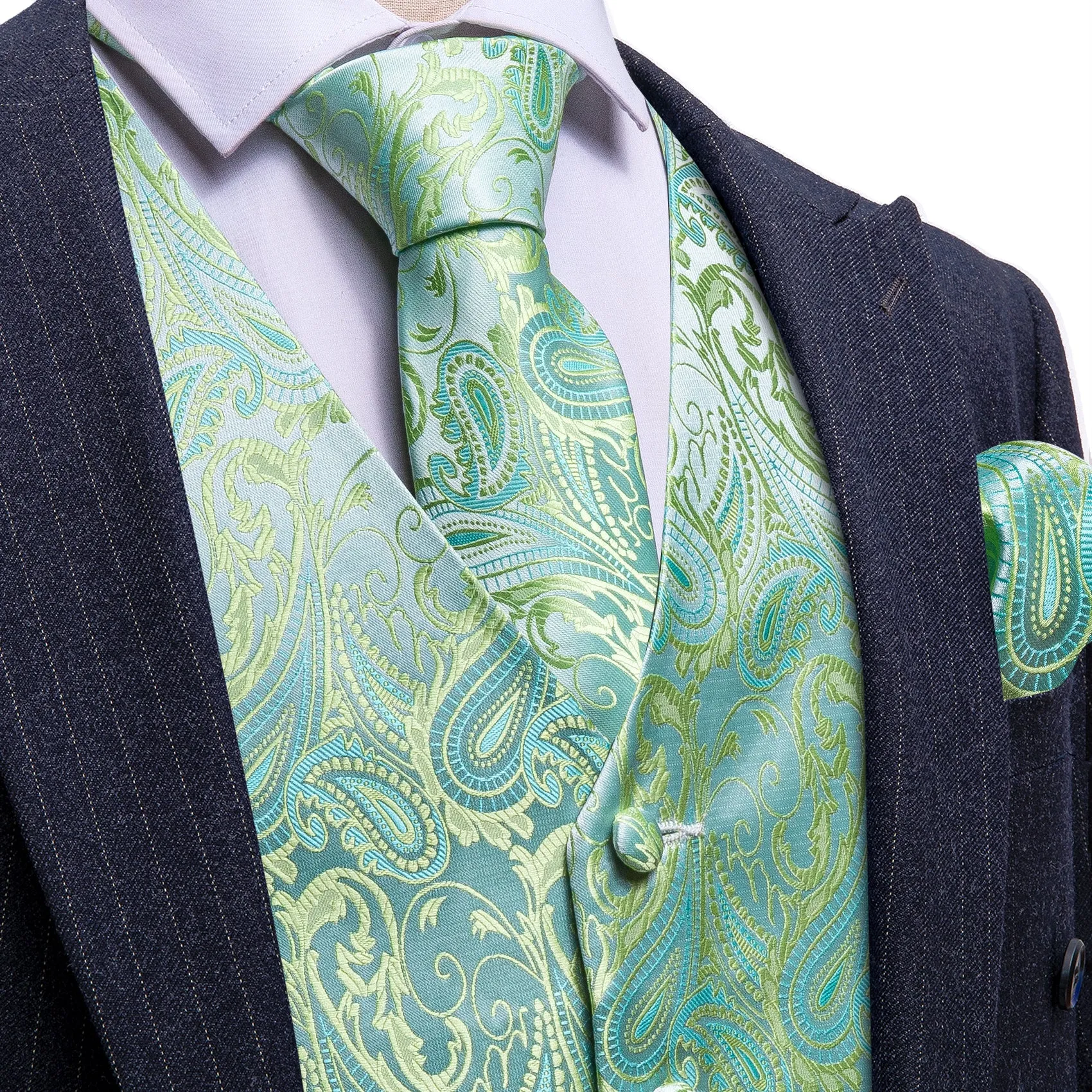 Ties2you Men's Vest Light Green Paisley Silk Classic Vest Hanky Cufflinks Tie Set