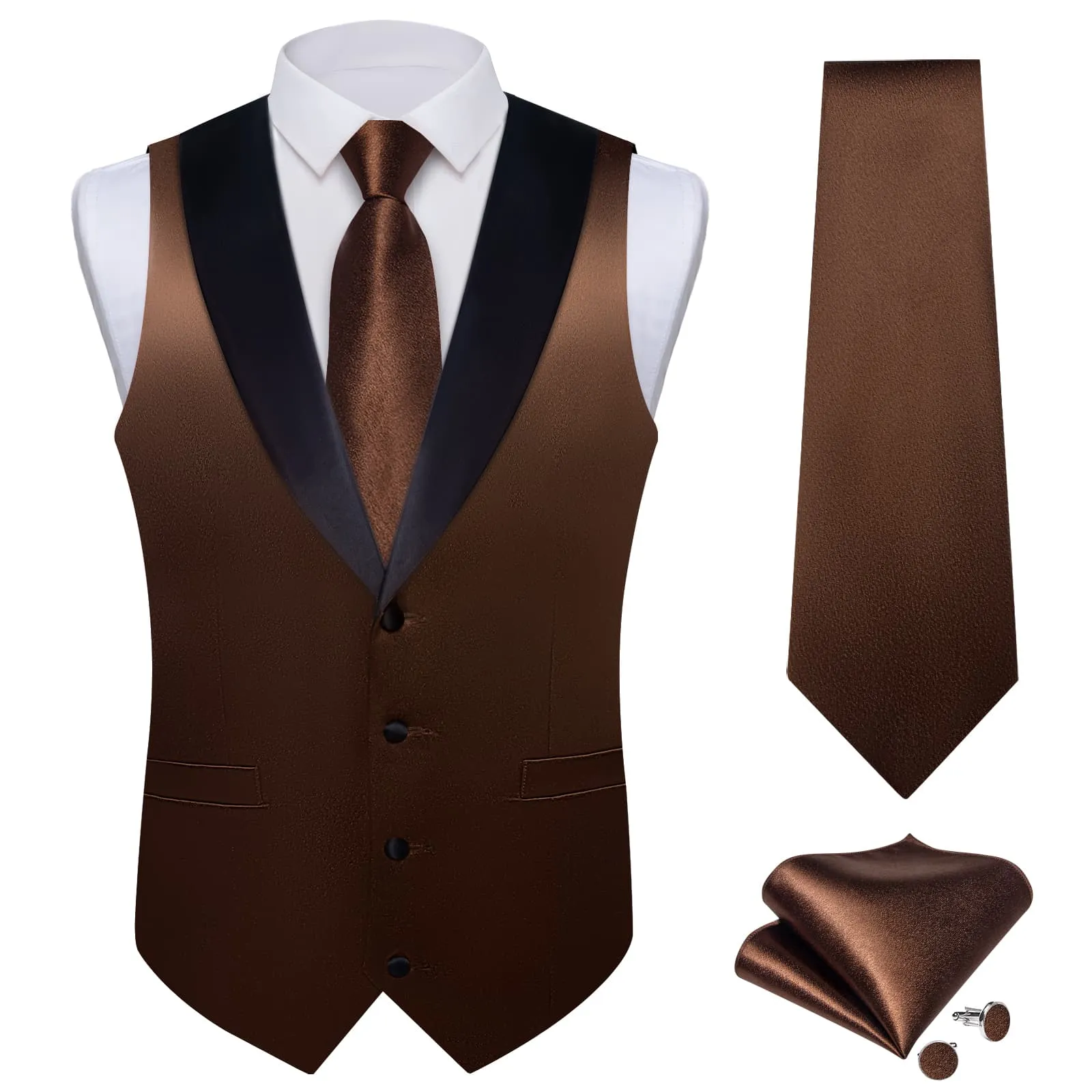 Ties2you Work Vest Shining Chocolate Brown Solid Shawl Collar Silk Business Mens Vest Tie Set