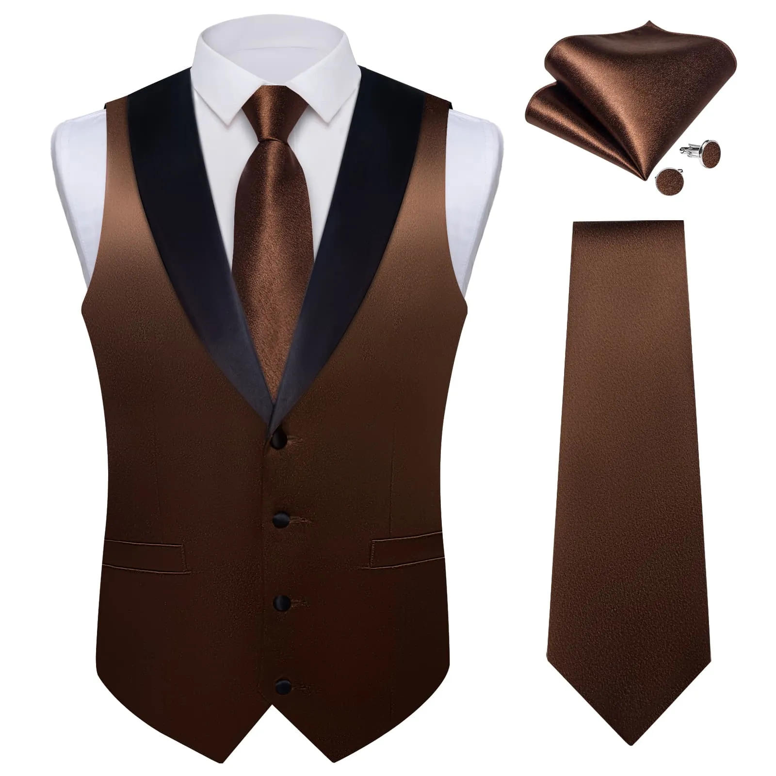 Ties2you Work Vest Shining Chocolate Brown Solid Shawl Collar Silk Business Mens Vest Tie Set