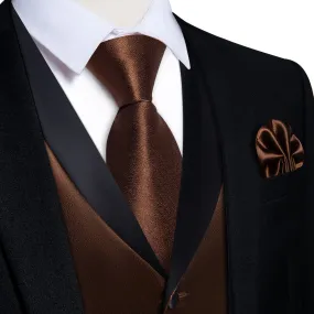 Ties2you Work Vest Shining Chocolate Brown Solid Shawl Collar Silk Business Mens Vest Tie Set