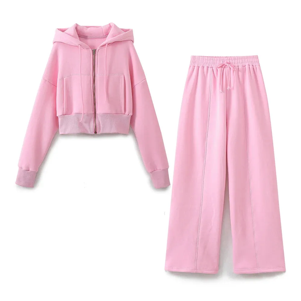 TRAFZA Women Elegant Pink Hooded Sweatshirt Zipper Hoodie Female Loose Elastic Waist Wide Leg Pant Sets 2024 Spring Sport Suit