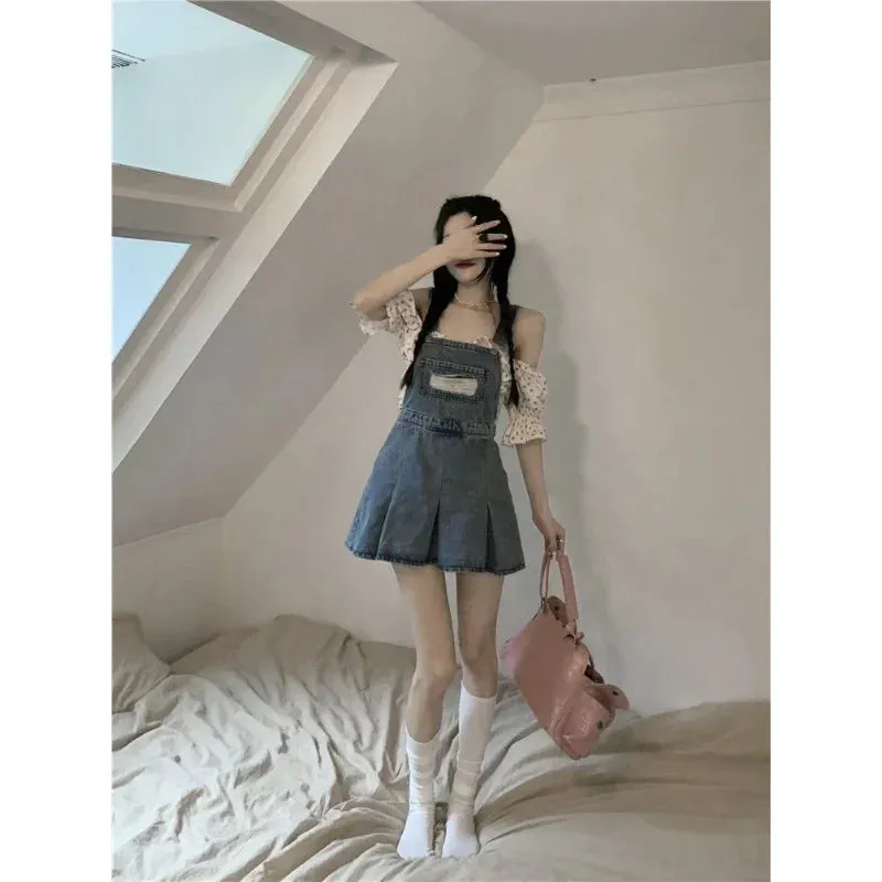 Uniwim-Denim Overall Dresses Women Summer Vintage Blue Elegant Y2k Folds Camisole Pleated Dress Mini Fashion Hotsweet Korean Vestidos