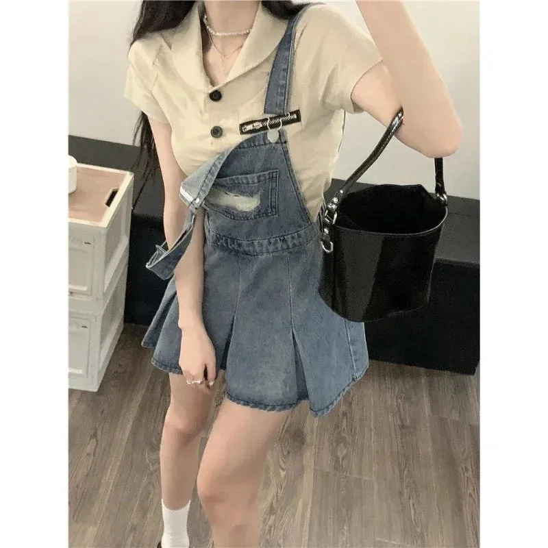 Uniwim-Denim Overall Dresses Women Summer Vintage Blue Elegant Y2k Folds Camisole Pleated Dress Mini Fashion Hotsweet Korean Vestidos