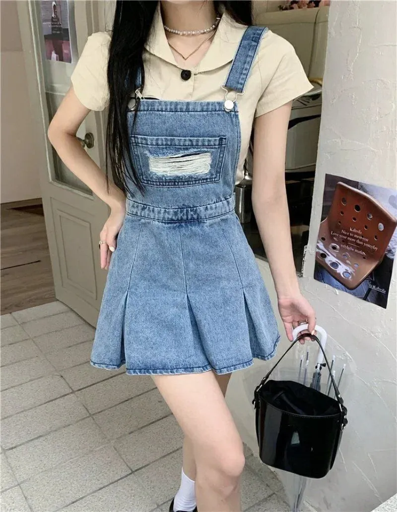 Uniwim-Denim Overall Dresses Women Summer Vintage Blue Elegant Y2k Folds Camisole Pleated Dress Mini Fashion Hotsweet Korean Vestidos