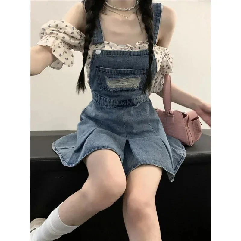 Uniwim-Denim Overall Dresses Women Summer Vintage Blue Elegant Y2k Folds Camisole Pleated Dress Mini Fashion Hotsweet Korean Vestidos