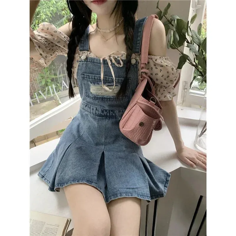 Uniwim-Denim Overall Dresses Women Summer Vintage Blue Elegant Y2k Folds Camisole Pleated Dress Mini Fashion Hotsweet Korean Vestidos