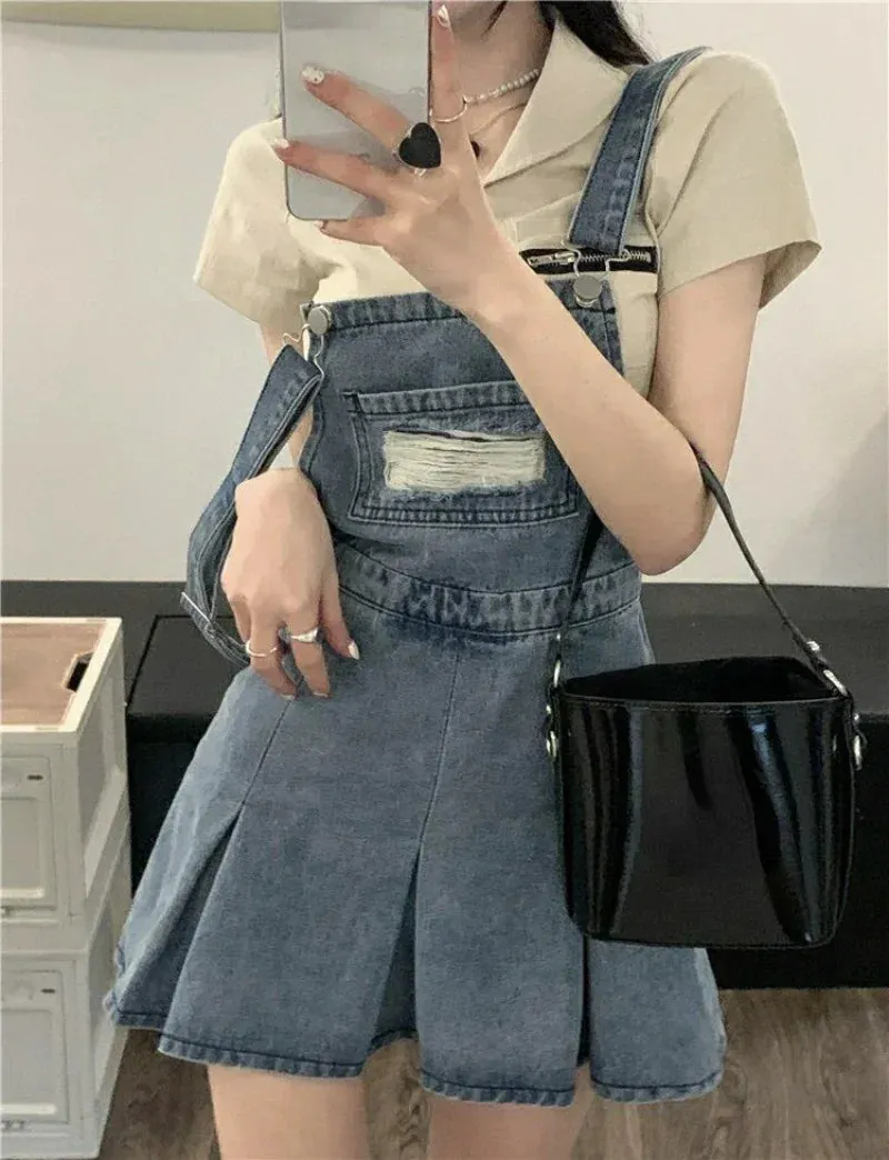 Uniwim-Denim Overall Dresses Women Summer Vintage Blue Elegant Y2k Folds Camisole Pleated Dress Mini Fashion Hotsweet Korean Vestidos