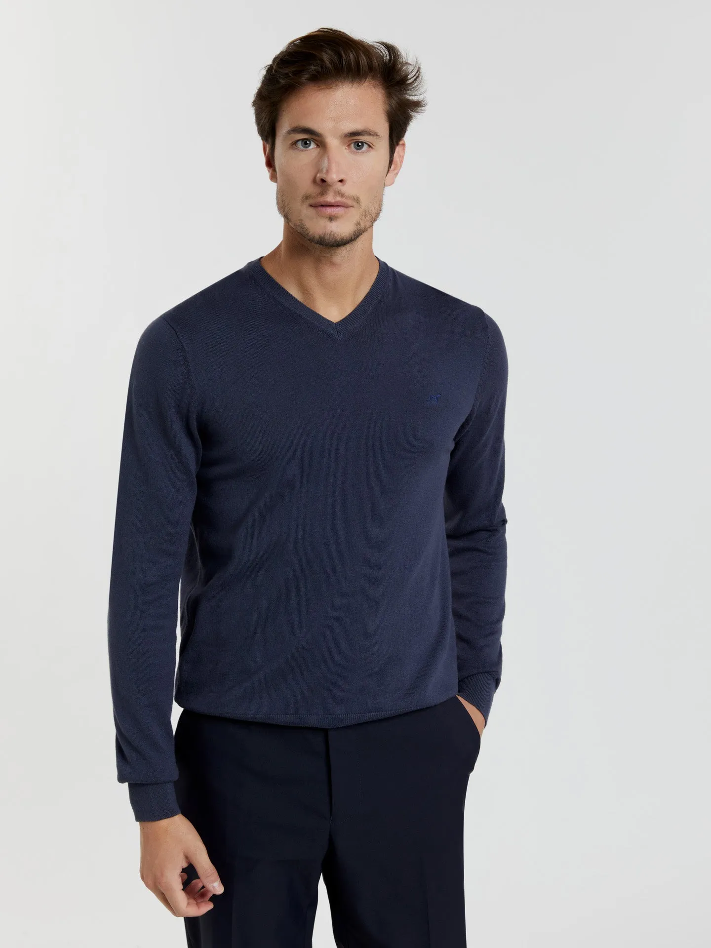 V-neck sweater with denim dye effect