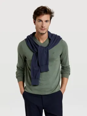 V-neck sweater with denim dye effect