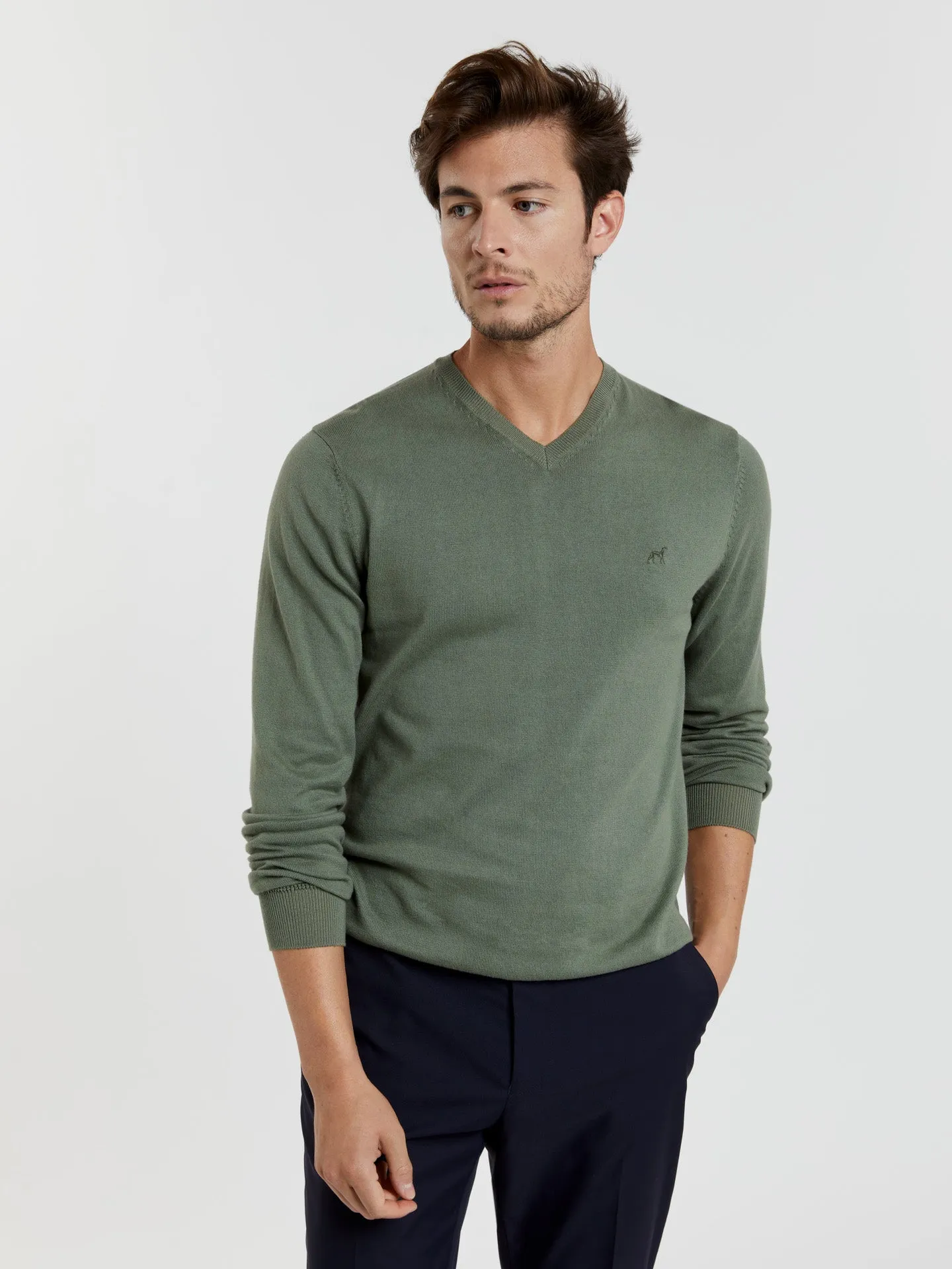 V-neck sweater with denim dye effect