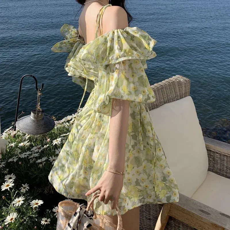 Vevesc Summer Floral Dress Women Holiday Sexy Elegant Party Mini Dress Korean Backless Beach Outfits Floral Fairy Boho Dresses