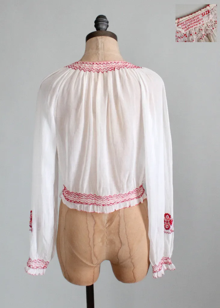 Vintage 1930s Embroidered Cotton Hungarian Folk Blouse