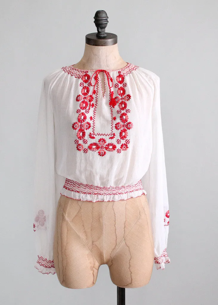 Vintage 1930s Embroidered Cotton Hungarian Folk Blouse